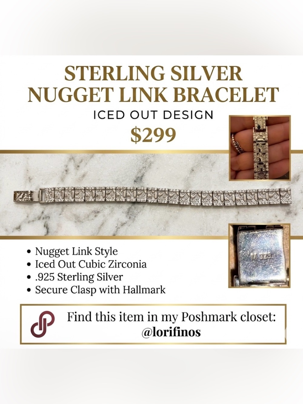 "Vintage .925 Sterling Silver Iced Out NUGGET Link Bracelet - 12mm / 8.25”"